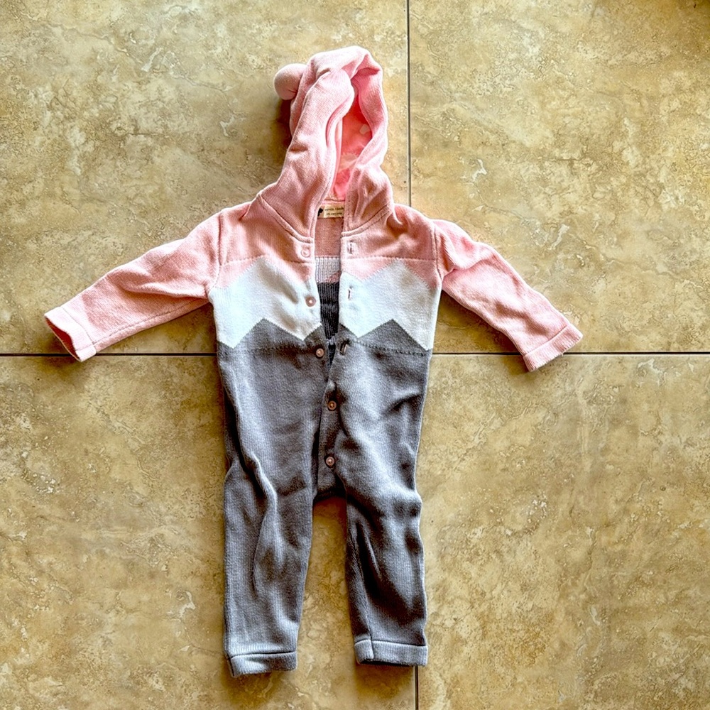 monica + andy sweater one piece with hood, 6-9 months, pink/white/grey